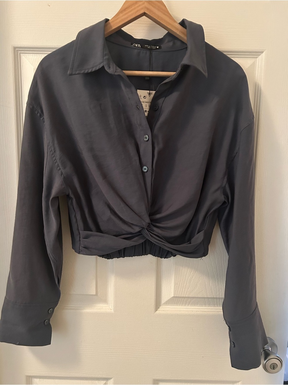 Zara Slate Gray Twisted Front Cropped Button-Down Shirt